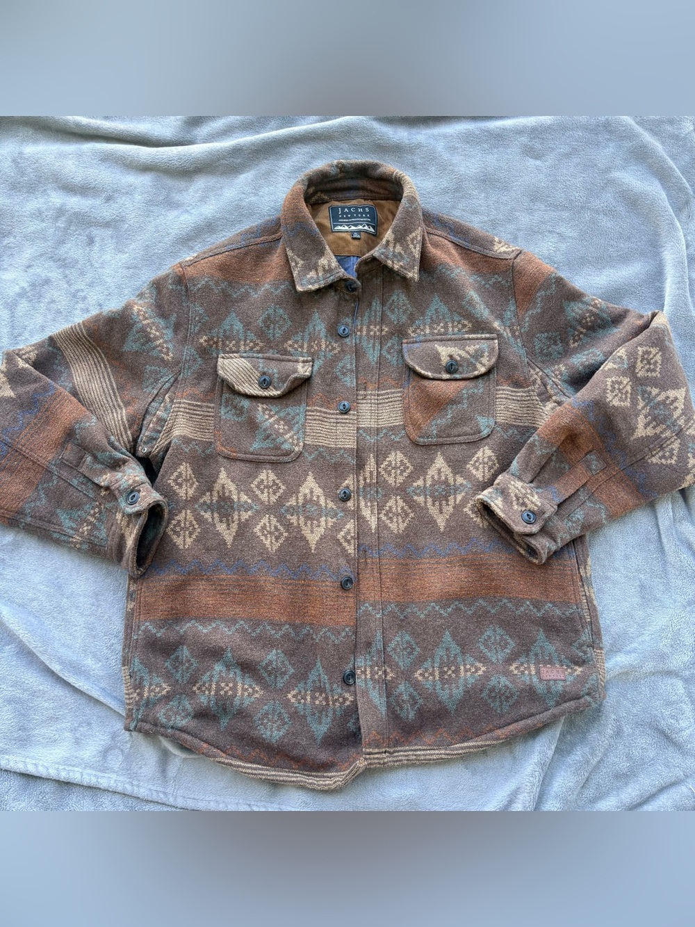 Jachs New York Men’s Brown & Teal Patterned Wool-Blend Shirt Jacket